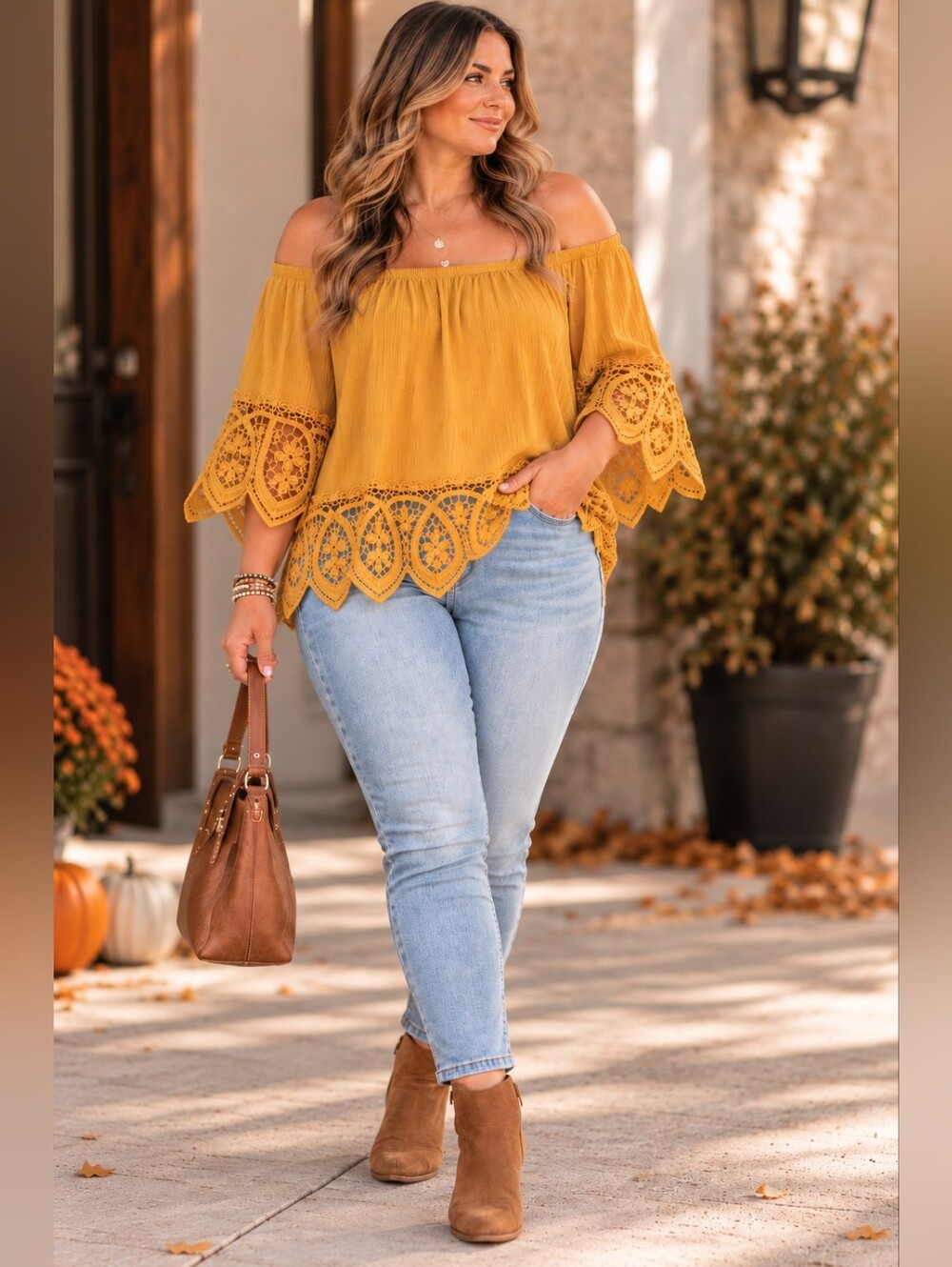 HG Curated Outfit XL Ambiance Mustard Boho Top + Old Navy Jeggings 14